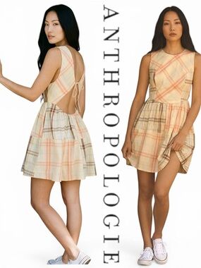 Anthropologie LyreBird Women Plaid Nap Mini Dress Open Back Size M NWT